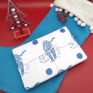 100% Recycled, Blue Tiger Wrapping Paper, Eco-Friendly Christmas Gift Wrap, Handprinted Christmas Wrapping Paper, Lino Cut Christmas Wrap