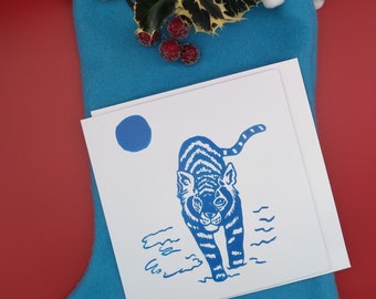 100% Recyclable, Blue Tiger, Christmas Card, Eco Friendly Greeting Card, Lino Print Eco Blank Card, Cute Christmas Card, Animals