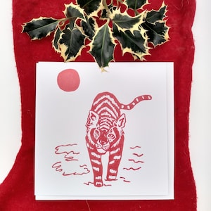 100% recyclable, carte de Noël Flaming Red Tiger, carte de vœux écologique, carte écologique imprimée Lino, carte de vœux spéciale écologique, mignon