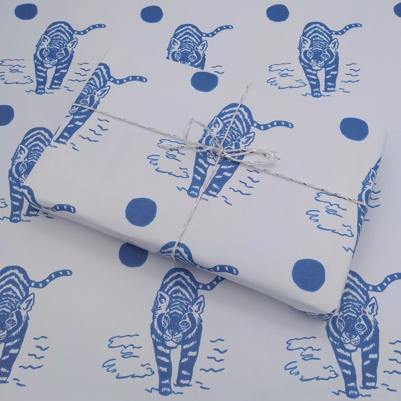 100% Recycled, Blue Tiger Wrapping Paper, Eco-Friendly Christmas Gift Wrap, Handprinted Christmas Wrapping Paper, Lino Cut Christmas Wrap image 2