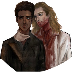 May include: A digital painting of two men, one with dark skin and short dark hair, and the other with light skin and long blonde hair. The man with dark skin is wearing a dark jacket and a white scarf. The man with light skin is wearing a white shirt with blood splatters on it. The men are standing close together, and the man with light skin is looking at the viewer.