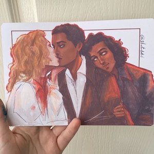 May include: A watercolour illustration of three people. The person on the left has long blonde hair and is wearing a white shirt. The person in the middle has short black hair and is wearing a white shirt and a dark jacket. The person on the right has long dark hair and is wearing a dark jacket. The person in the middle is kissing the person on the left. The illustration is signed "@Sh-t-addlt".