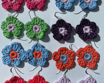 Flower Power Earrings - 925 Sterling Silver, Crochet earrings, crochet flowers, flower earrings