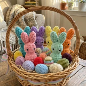 Pode incluir: Uma cesta de vime cheia de coelhinhos e ovos de Páscoa de crochê coloridos. Os coelhinhos são em tons de rosa, azul, roxo, amarelo e laranja. Os ovos são de várias cores e padrões. A cesta tem uma alça tecida e é amarrada com uma fita pastel.