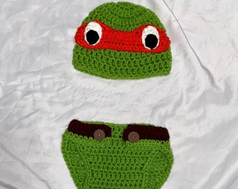 Crochet Ninja Turtle (Michaelangelo) Newborn Baby Outift (Beanie, Diaper Cover & Booties)