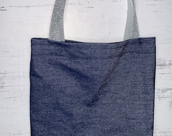Denim Tote Bag Silver Glitter Handle