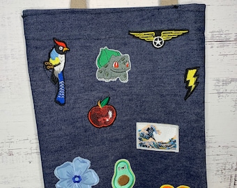 Denim Tote Handbag W/ Custom Patches
