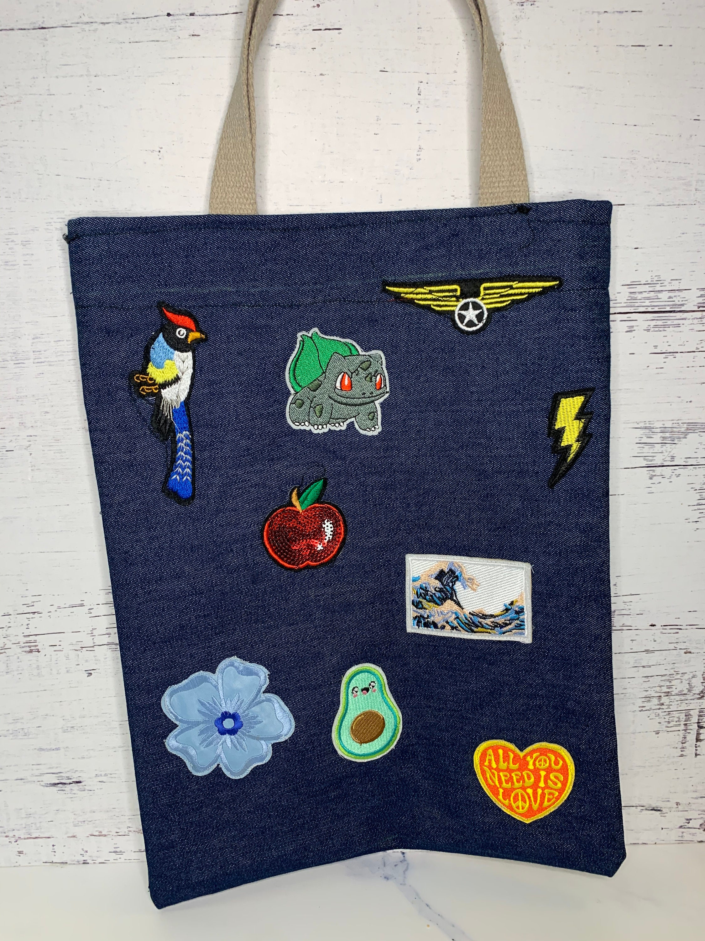 Denim Tote Handbag W/ Custom Patches