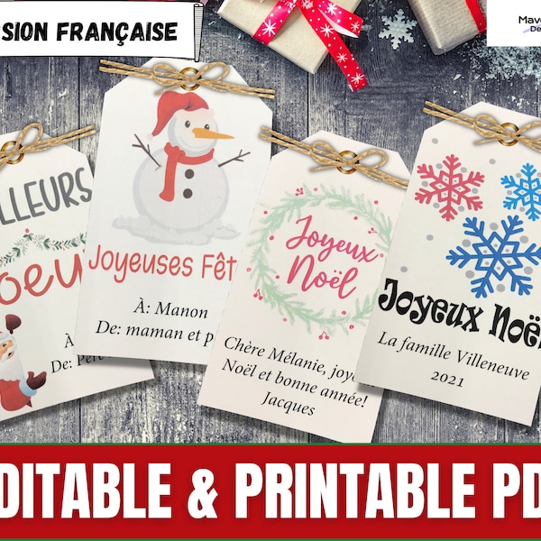 Étiquettes de Cadeaux de Noël, Joyeux Noel, afdrukbare en bewerkbare kerstcadeaukaartjes, cadeaukaartjesjabloon, bewerkbare vakantiekaartjes, Frans