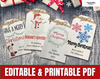 Printable & Editable Christmas Gift Tags, Printable PDF, Gift Tag Template, Christmas Gift Tag Template, Editable Holiday Tags