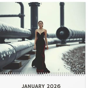 Puede incluir: Calendario de 2026 con una mujer con un vestido negro cerca de tuberías industriales cubiertas de nieve. El calendario muestra el mes de enero con fechas y festivos. El calendario es blanco con encuadernación en espiral.