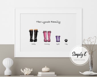 May include: A white framed print with the text "The Lynch Family" at the top.  Below the text are four pairs of rain boots, two black, two pink, and one purple.  The boots are labelled "Daddy", "Mummy", "Ayla", and "Toby".  The print is on a white background and has a white border.