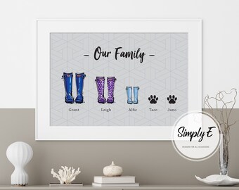 May include: A framed print with a grey background and a white border. The print features a family of five, represented by colourful rain boots, with the names "Grant", "Leigh", "Alfie", "Taco", and "Juno" written below each boot. The text "Our Family" is written in black at the top of the print. The print is signed "Simply E Designs for all occasions" in the bottom right corner.