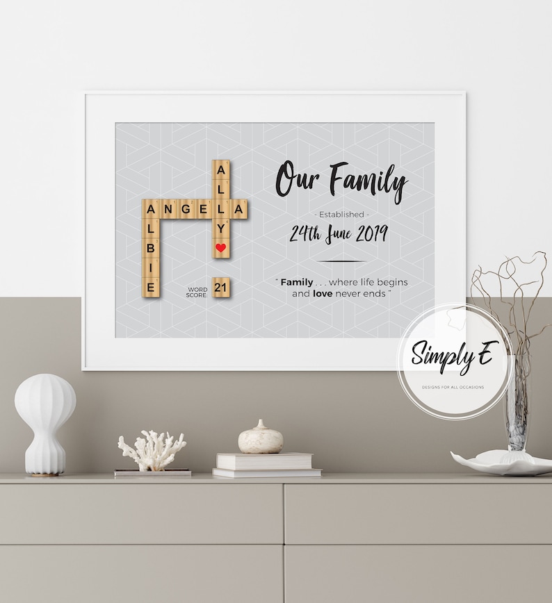 May include: A framed print with a grey background and a white frame. The print features a scrabble tile design spelling out the word "ANGELA" with a red heart tile in the centre. The text "Our Family" is above the scrabble tiles, and the text "Established - 24th June 2019" is below the tiles. The text "Family... where life begins and love never ends" is below the date. The text "Simply E Designs for all occasions" is in the bottom right corner of the print.