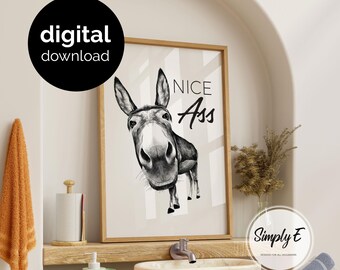 May include: A framed wall art print featuring a black and white sketch of a donkey looking forward with the text NICE Ass printed in black. The artwork is displayed in a light wood frame, showcasing a humorous illustration of the animal's face.