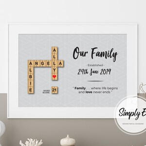 May include: A grey and white patterned background with a black and white scrabble tile design that spells out "Our Family" with the date "24th June 2019" and the quote "Family... where life begins and love never ends".