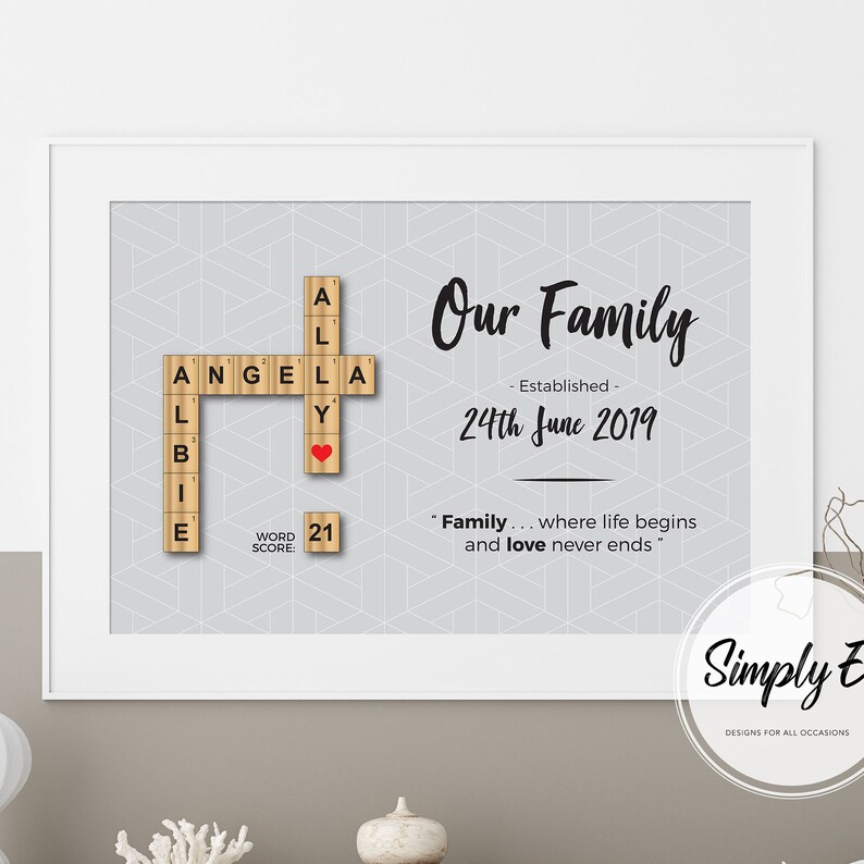 May include: A grey and white patterned background with a black and white scrabble tile design that spells out "Our Family" with the date "24th June 2019" and the quote "Family... where life begins and love never ends".