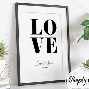 LOVE, Couples Print, Names & Est Date, Home Decor, Wall Art, A5, A4, A3 Prints, Print Only afbeelding 4