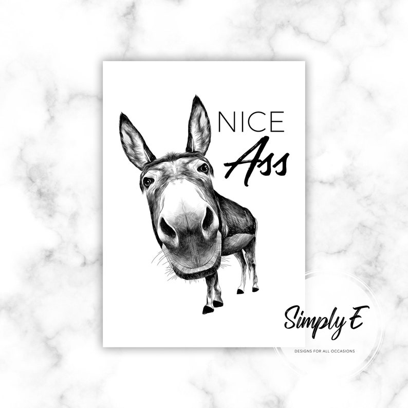 May include: Black and white print featuring a detailed illustration of a donkey with the text "NICE Ass". The donkey is drawn in a realistic style, with a focus on its face and large ears. The print is on a white background.