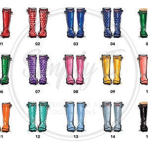 May include: Fifteen pairs of rain boots in various colors and patterns, including red, green, blue, purple, pink, yellow, orange, and black. The boots are arranged in a grid pattern with numbers 1 through 15 below each pair.