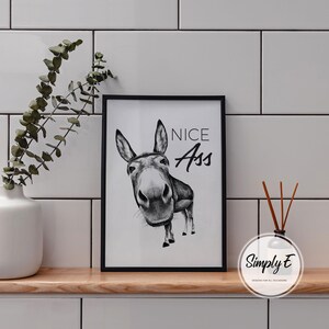 May include: Black and white framed art print featuring a donkey with the text "NICE Ass". The artwork is displayed on a wooden shelf with a white vase and eucalyptus branches. A diffuser with reeds is also on the shelf.