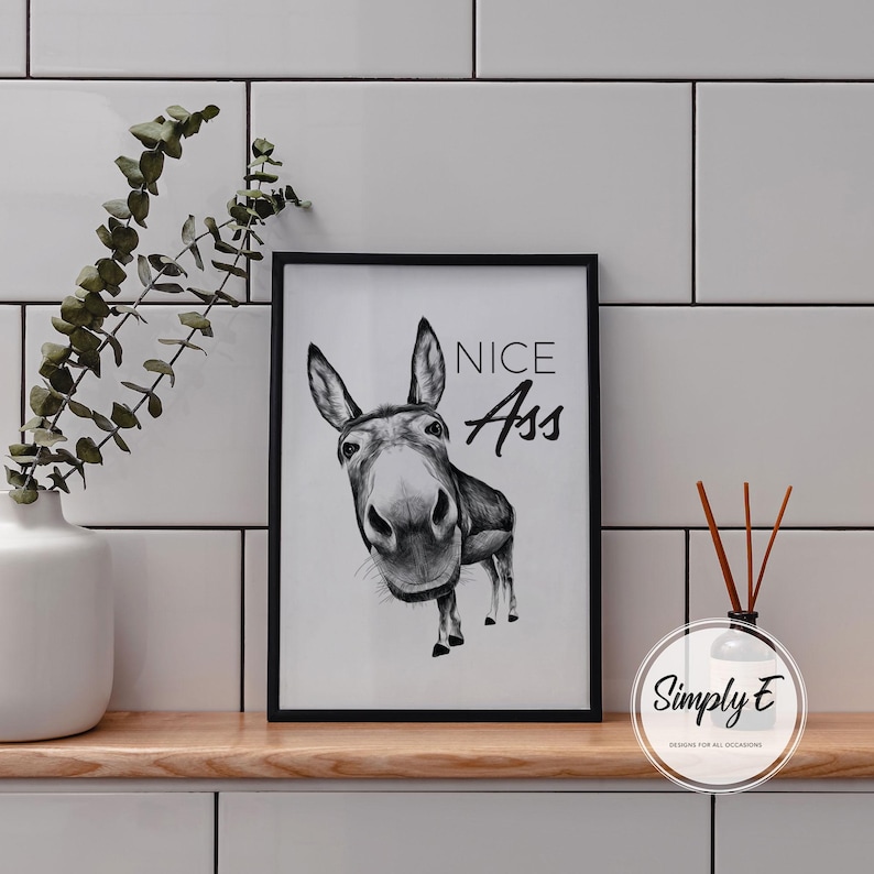 May include: Black and white framed art print featuring a donkey with the text "NICE Ass". The artwork is displayed on a wooden shelf with a white vase and eucalyptus branches. A diffuser with reeds is also on the shelf.