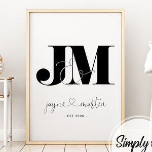 May include: Black and white print with the initials "JM" in a stylized font. The letters are intertwined with a heart symbol. Below the initials, the text reads "jayne & martin - EST 2008 - "