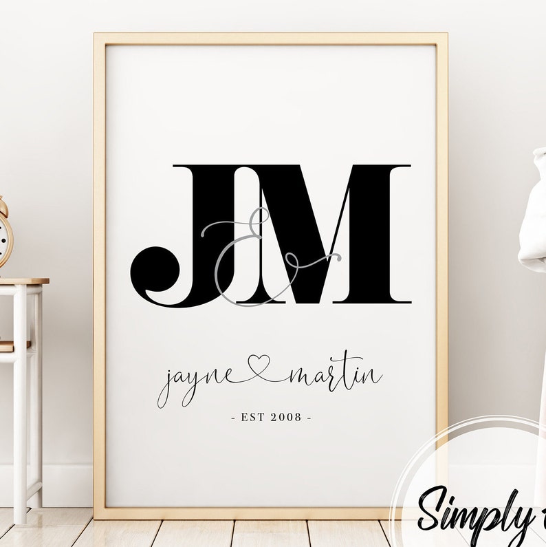 May include: Black and white print with the initials "JM" in a stylized font. The letters are intertwined with a heart symbol. Below the initials, the text reads "jayne & martin - EST 2008 - "