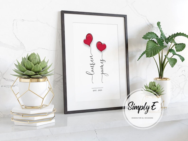 Love Heart Balloons, Valentine's Day, Couples Personalised Print, Wedding Gift, Anniversary Gift, Wall Art, A5, A4, A3 Prints, Print Only immagine 1