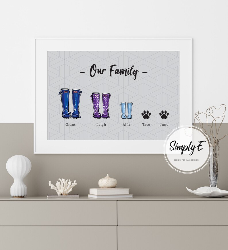 May include: A framed print with a gray background and a white border. The print features a family of five, represented by colorful rain boots, with the names "Grant", "Leigh", "Alfie", "Taco", and "Juno" written below each boot. The text "Our Family" is written in black at the top of the print. The print is signed "Simply E Designs for all occasions" in the bottom right corner.