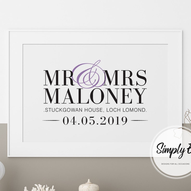 May include: A white wedding sign with black text that reads "Mr & Mrs Maloney, Stuckgowan House, Loch Lomond, 04.05.2019".