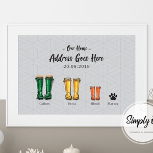 May include: A gray and white patterned background with a family of four and a dog represented by colorful rain boots. The text "Our Home - Address Goes Here 20.09.2019" is at the top of the image. The names "Callum", "Becca", "Rhudi", and "Harvey" are written below the boots.