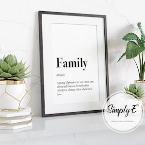 May include: A black framed print with the word "Family" in bold, followed by a definition: "A group of people who love, trust, care about and look out for each other. A little bit of crazy with a whole lot of love." The print is on a white background and is sitting on a white shelf with two potted plants.