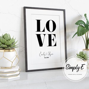 LOVE, Couples Print, Names & Est Date, Home Decor, Wall Art, A5, A4, A3 Prints, Print Only afbeelding 2