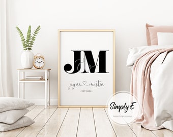 Impresión de iniciales de pareja, iniciales, nombres y fecha de matrimonio, amor, decoración del hogar, arte mural, impresiones A5, A4, A3, solo impresión