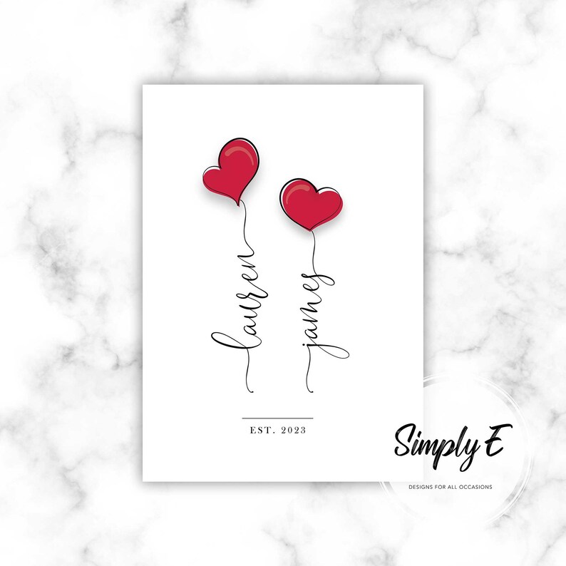 Love Heart Balloons, Valentine's Day, Couples Personalised Print, Wedding Gift, Anniversary Gift, Wall Art, A5, A4, A3 Prints, Print Only immagine 7