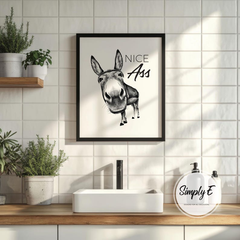 May include: Black framed art print featuring a grayscale illustration of a donkey with the text "NICE Ass". The artwork is displayed in a bathroom setting with plants and a white sink.