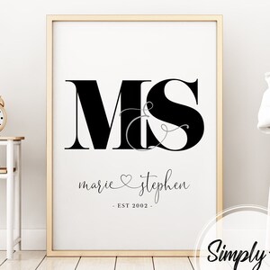 May include: Black and white print with the letters "MS" in a large font, with a stylized ampersand between the letters. Below the letters is the text "marie & stephen - EST 2002 -" in a smaller font.
