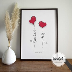 Love Heart Balloons, Valentine's Day, Couples Personalised Print, Wedding Gift, Anniversary Gift, Wall Art, A5, A4, A3 Prints, Print Only immagine 3