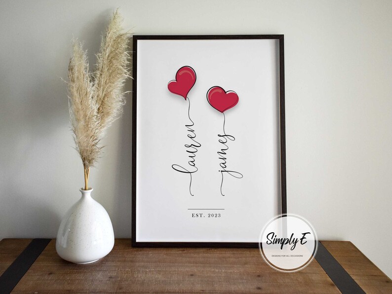 Love Heart Balloons, Valentine's Day, Couples Personalised Print, Wedding Gift, Anniversary Gift, Wall Art, A5, A4, A3 Prints, Print Only immagine 3