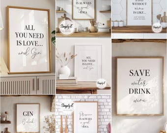 Juego de 3 láminas para bar en casa, decoración de pared para bar (combinables), láminas divertidas de bebidas (tamaños A5, A4 y A3).