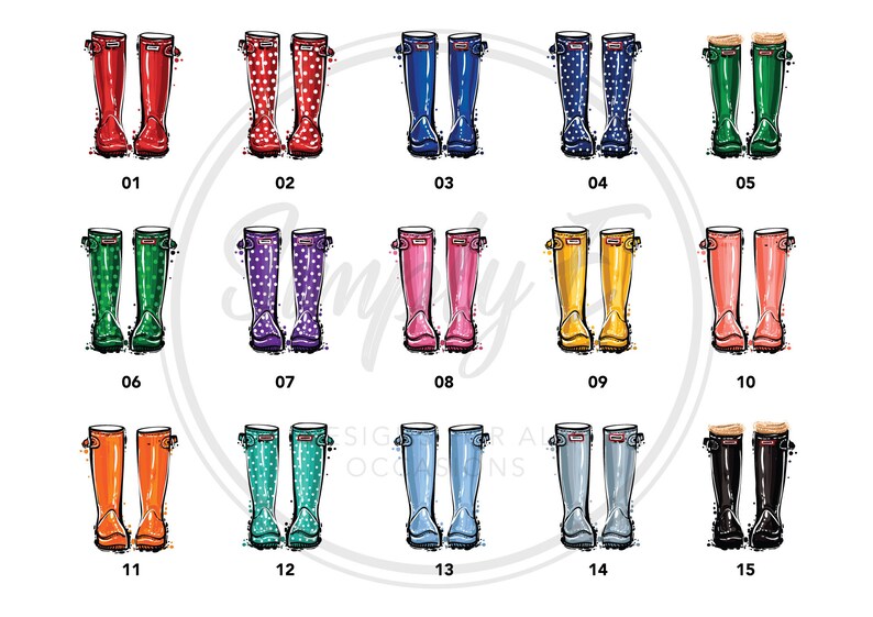 May include: Fifteen pairs of rain boots in various colors and patterns, including red, green, blue, purple, pink, yellow, orange, and black. The boots are arranged in a grid pattern with numbers 1 through 15 below each pair.