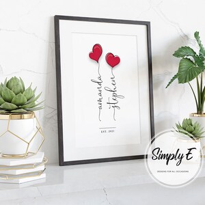 Love Heart Balloons, Valentine's Day, Couples Personalised Print, Wedding Gift, Anniversary Gift, Wall Art, A5, A4, A3 Prints, Print Only immagine 2