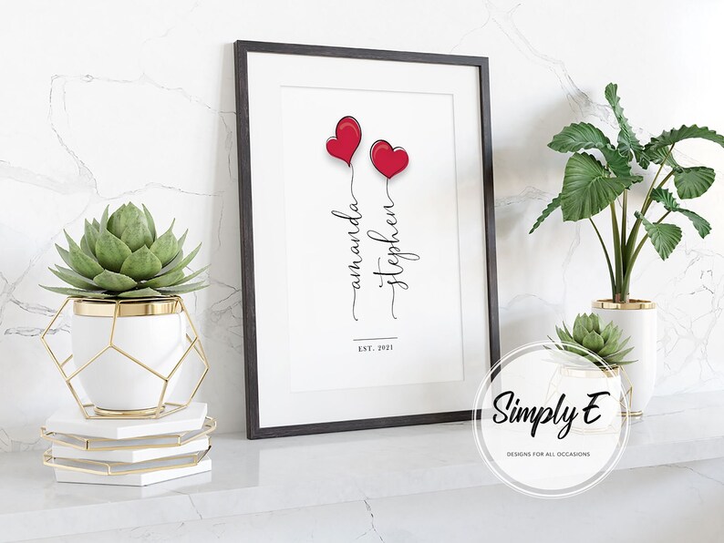 Love Heart Balloons, Valentine's Day, Couples Personalised Print, Wedding Gift, Anniversary Gift, Wall Art, A5, A4, A3 Prints, Print Only immagine 2