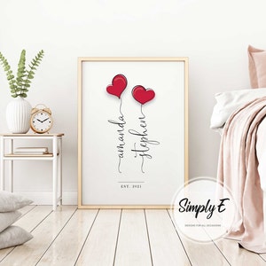 Love Heart Balloons, Valentine's Day, Couples Personalised Print, Wedding Gift, Anniversary Gift, Wall Art, A5, A4, A3 Prints, Print Only immagine 6
