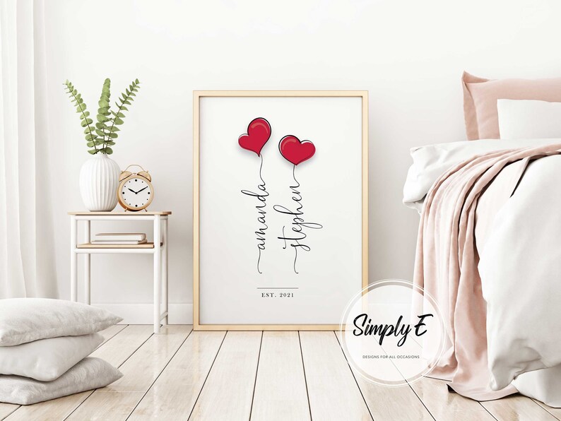 Love Heart Balloons, Valentine's Day, Couples Personalised Print, Wedding Gift, Anniversary Gift, Wall Art, A5, A4, A3 Prints, Print Only immagine 6