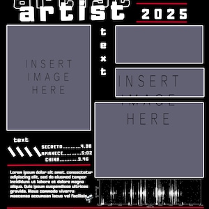 Puede incluir: Diseño gráfico en blanco y negro con la palabra "artist" en una fuente audaz y estilizada. El diseño incluye cuadros de texto etiquetados "insert image here" y el año "2025". Hay elementos gráficos y de texto adicionales.