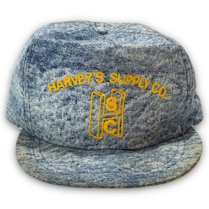 Harveys Supply Company Vintage Snapback Hat 1980s USA Made Stone Wash Denim Cap