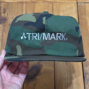 Vintage Snapback Trucker Hat TriMark Embroidered Logo Camo USA Made Cap