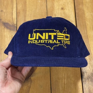 Vintage Snapback Trucker Hat Corduroy United Industrial Tire Logo 1990s Cap